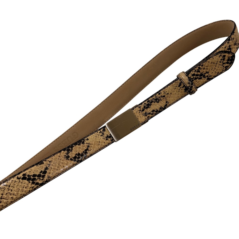 Guess Womens Snakeskin Embossed Leather Skinny‎ Belt Tan Black Silver Buckle L